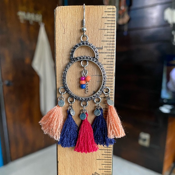 BEADED TASSEL BOHO ANTIQUE SILVER HOOP DANGLE HOOK EARRINGS FESTIVAL HANDMADE - Picture 2 of 4